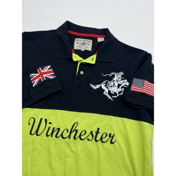 Winchester XL Navy Blue/Green Stripe‎ Pony US UK Flag Patches Polo Shirt - Picture 1 of 13